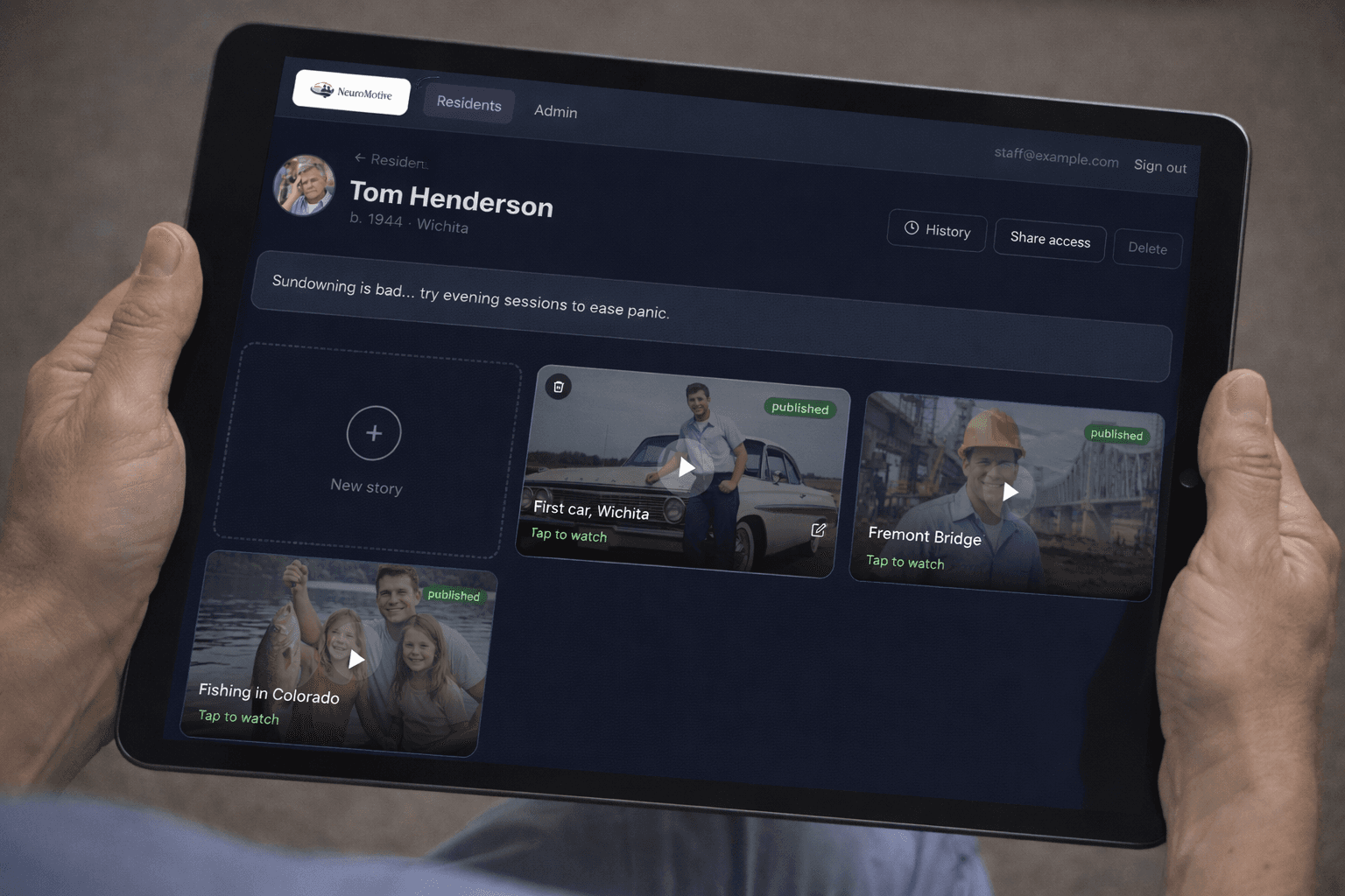 NeuroMotive Studio dashboard showing a resident's story library